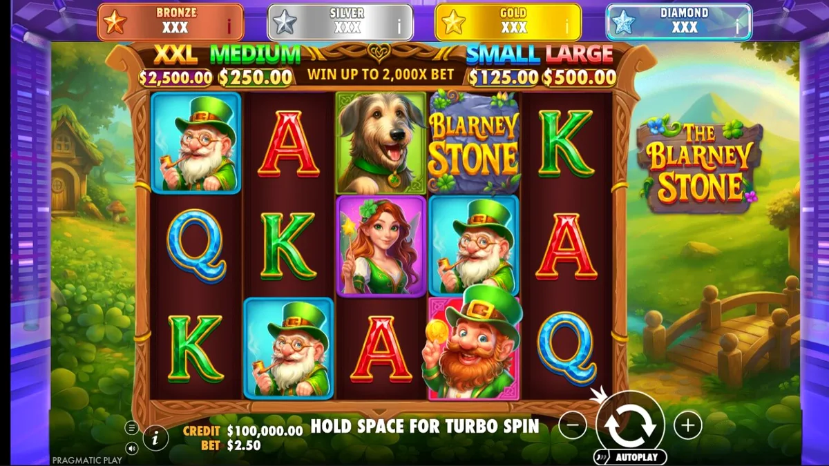 Cenário mágico com leprechauns e tesouros no slot The Blarney Stone