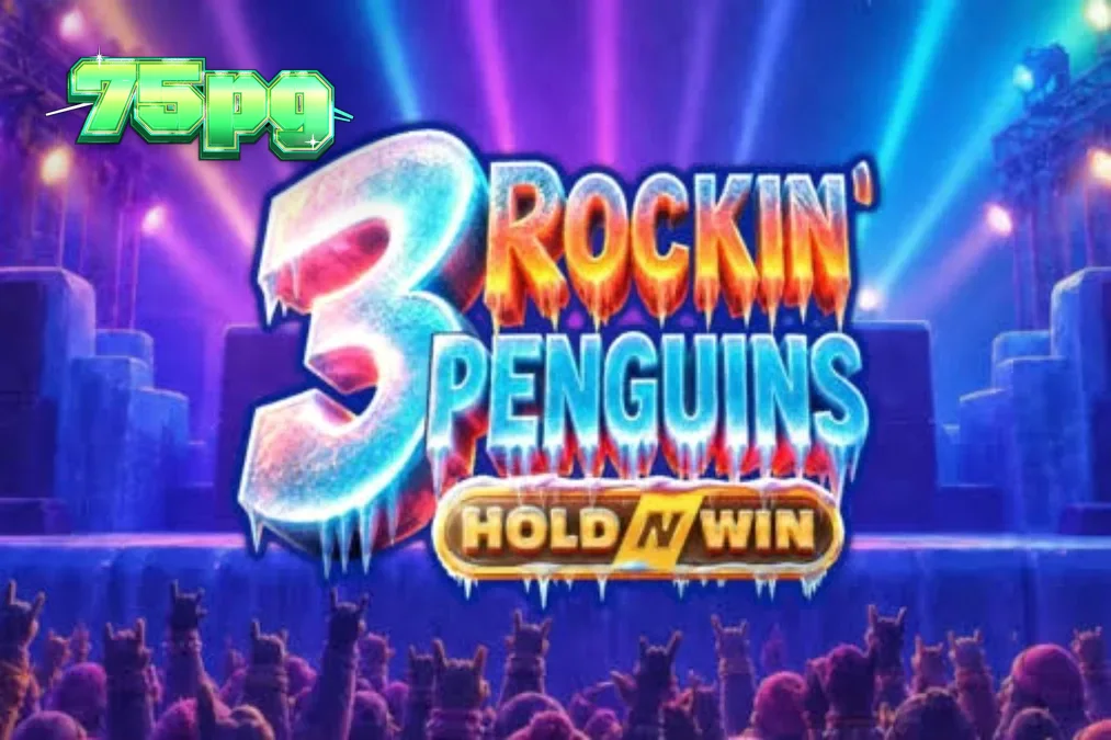 Pinguins músicos em um palco de gelo com luzes neon em 3 Rockin’ Penguins
